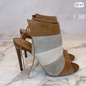 Aquazzura Suede Lace-Up Open Toe Heels Beige Taupe Size 39.5